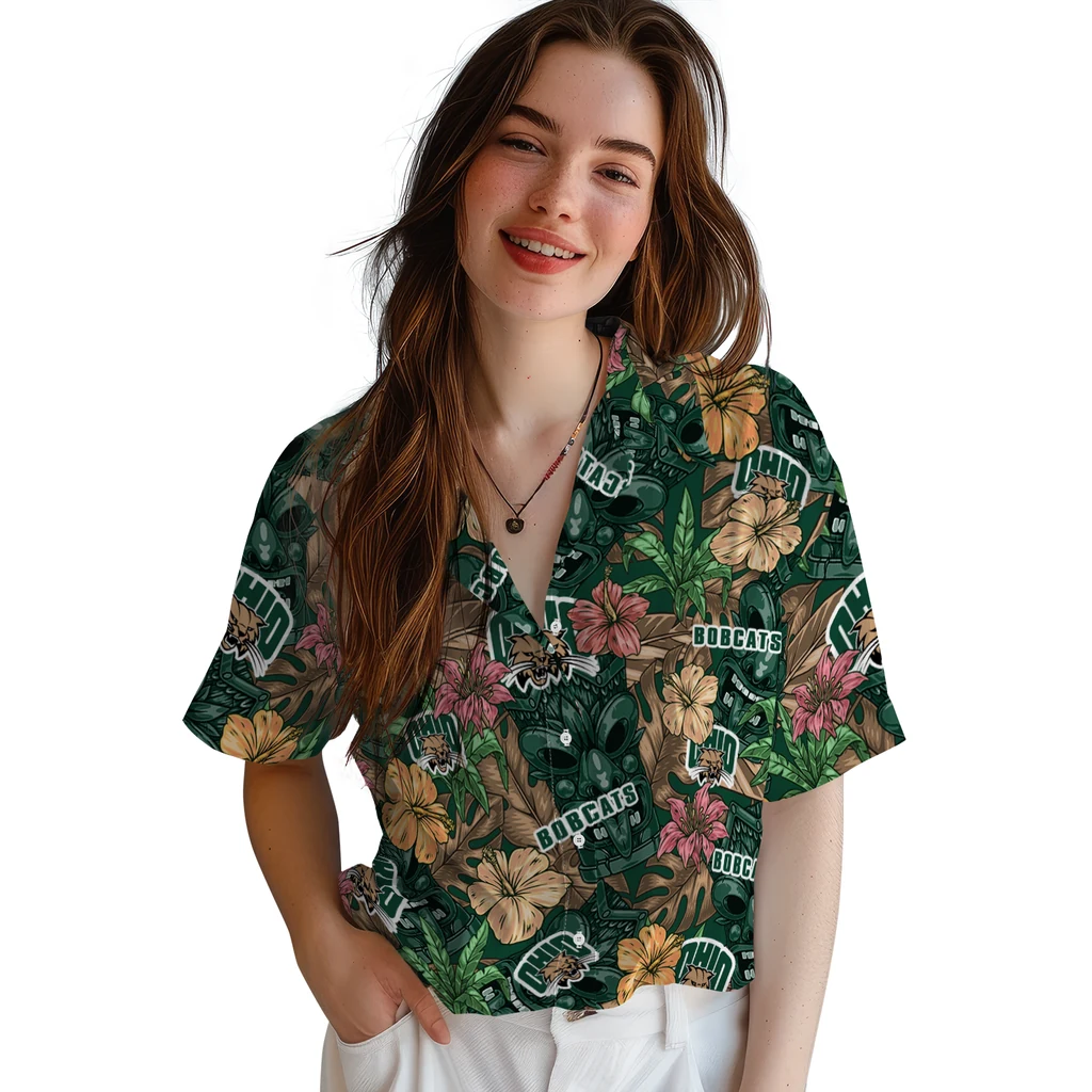 Ohio Bobcats Hawaiian Shirt - Hibiscus Tiki Jungle ohio bobcats tiki jungle green hawaiian shirts latest model