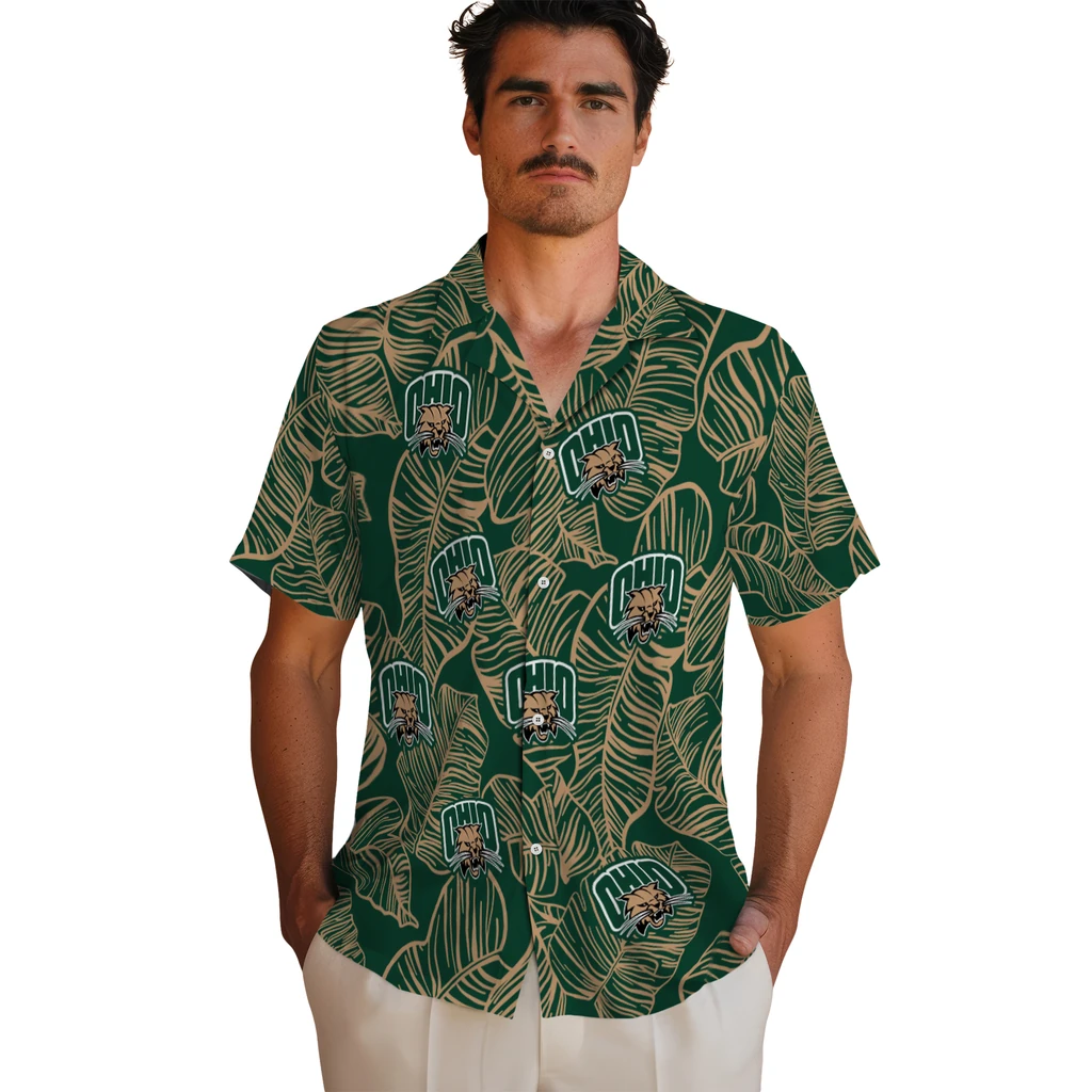 Ohio Bobcats Hawaiian Shirt - Leaf Outline ohio bobcats leaf outline green hawaiian shirts fashion forward