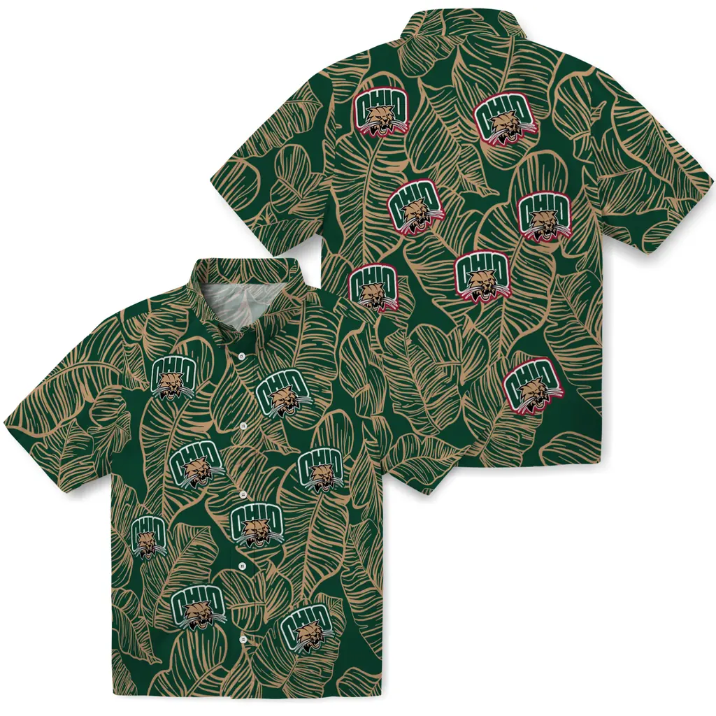 Ohio Bobcats Hawaiian Shirt - Leaf Outline ohio bobcats leaf outline green hawaiian shirts high quality
