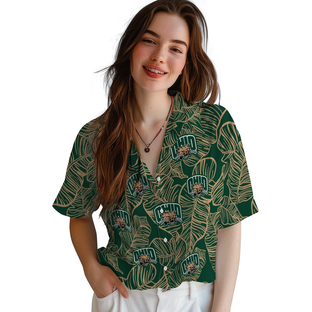 Ohio Bobcats Hawaiian Shirt - Leaf Outline ohio bobcats leaf outline green hawaiian shirts latest model