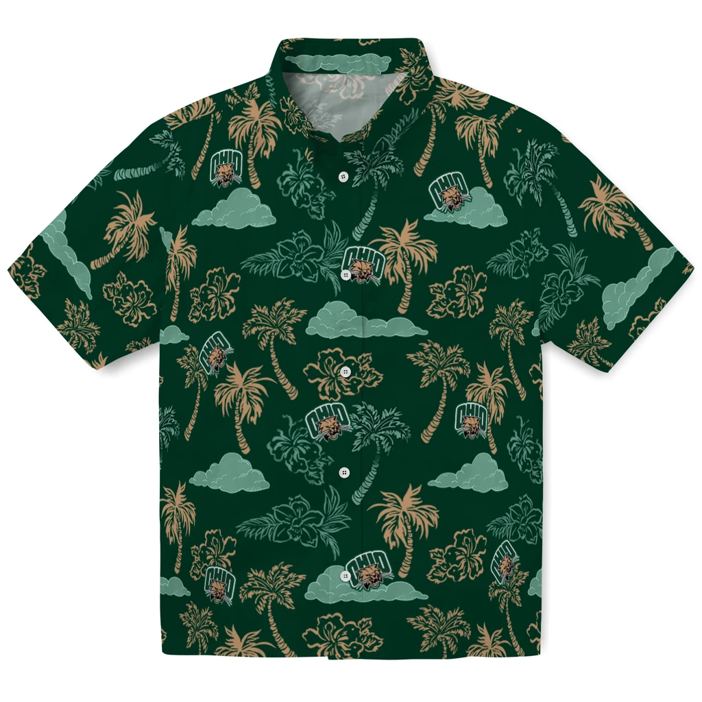 Ohio Bobcats Hawaiian Shirt - Palm And Clouds ohio bobcats palm and clouds green hawaiian shirts best selling