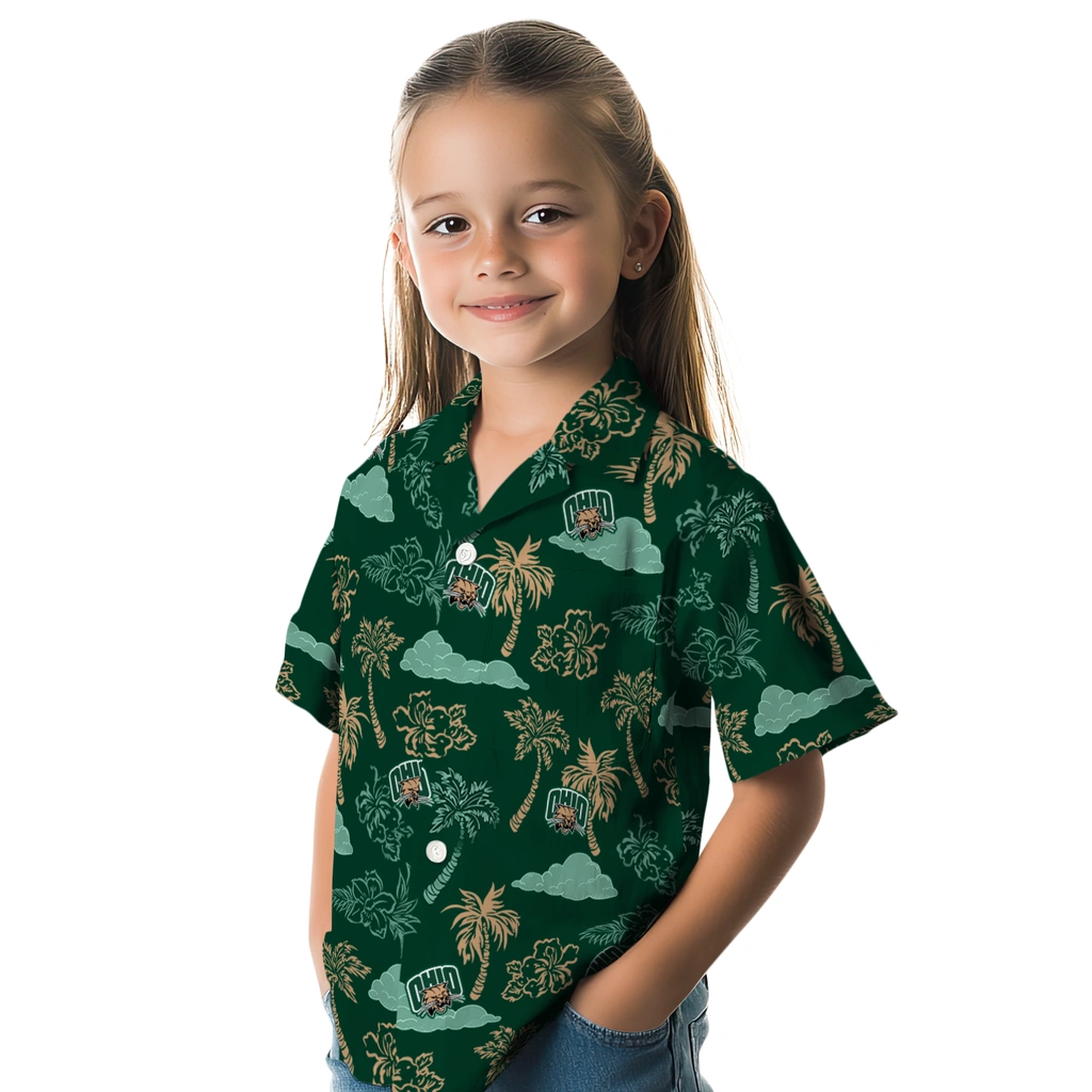 Ohio Bobcats Hawaiian Shirt - Palm And Clouds ohio bobcats palm and clouds green hawaiian shirts premium grade