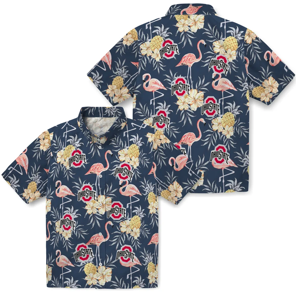 Ohio State Buckeyes Hawaiian Shirt - Flamingo Hibiscus ohio state buckeyes flamingo hibiscus navy hawaiian shirts high quality