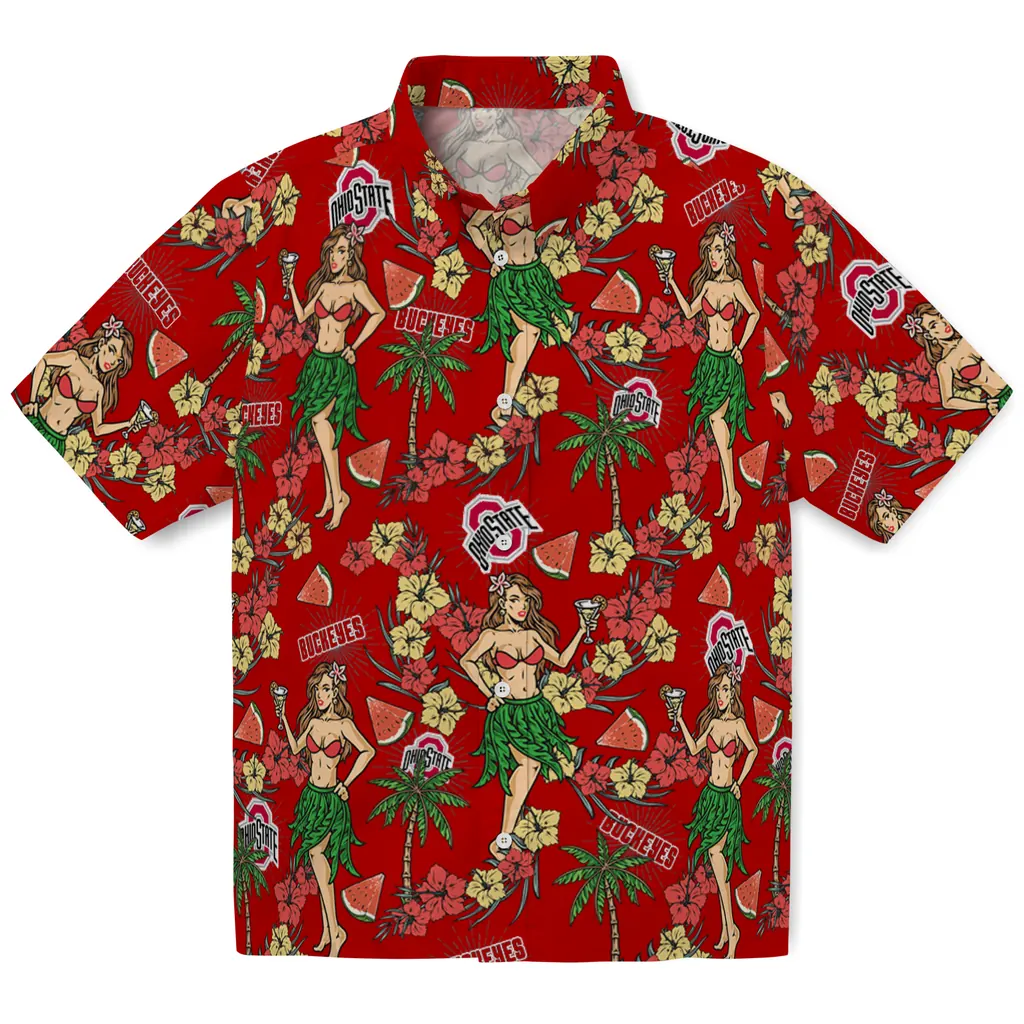 Ohio State Buckeyes Hawaiian Shirt - Hawaiian Girls Design ohio state buckeyes hawaiian girls design scarlet hawaiian shirts best selling