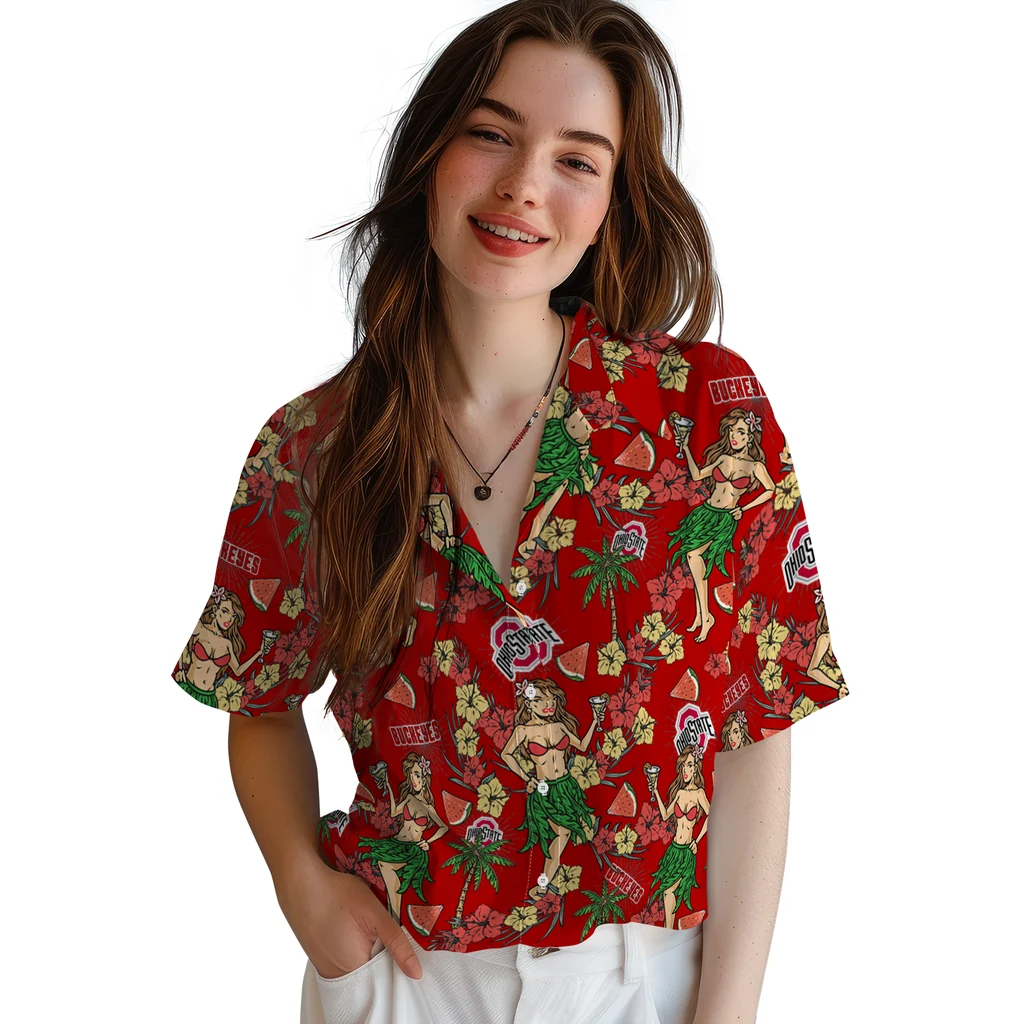 Ohio State Buckeyes Hawaiian Shirt - Hawaiian Girls Design ohio state buckeyes hawaiian girls design scarlet hawaiian shirts latest model
