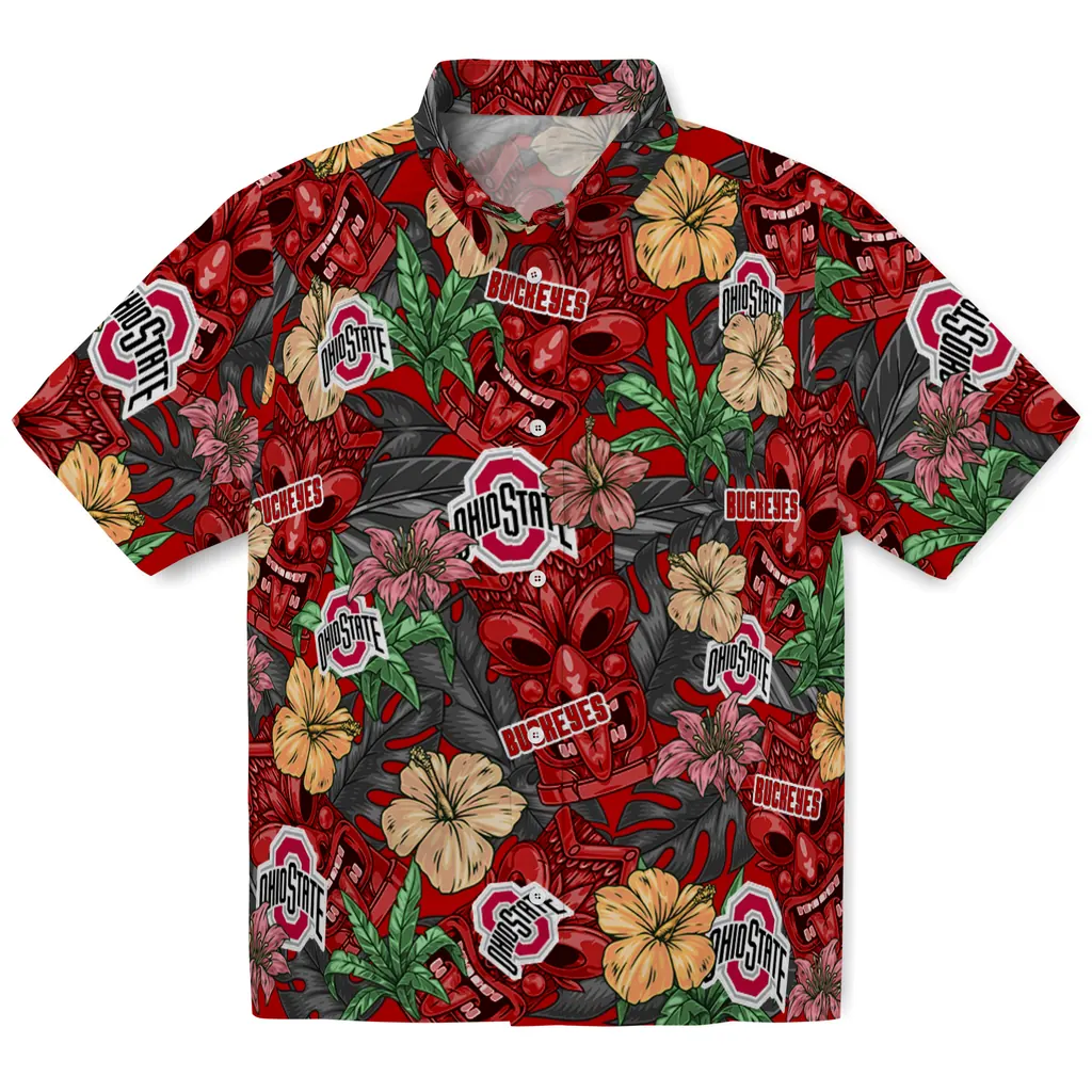 Ohio State Buckeyes Hawaiian Shirt - Hibiscus Tiki Jungle ohio state buckeyes tiki jungle scarlet hawaiian shirts best selling