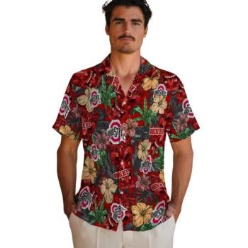 ohio state buckeyes tiki jungle scarlet hawaiian shirts fashion forward