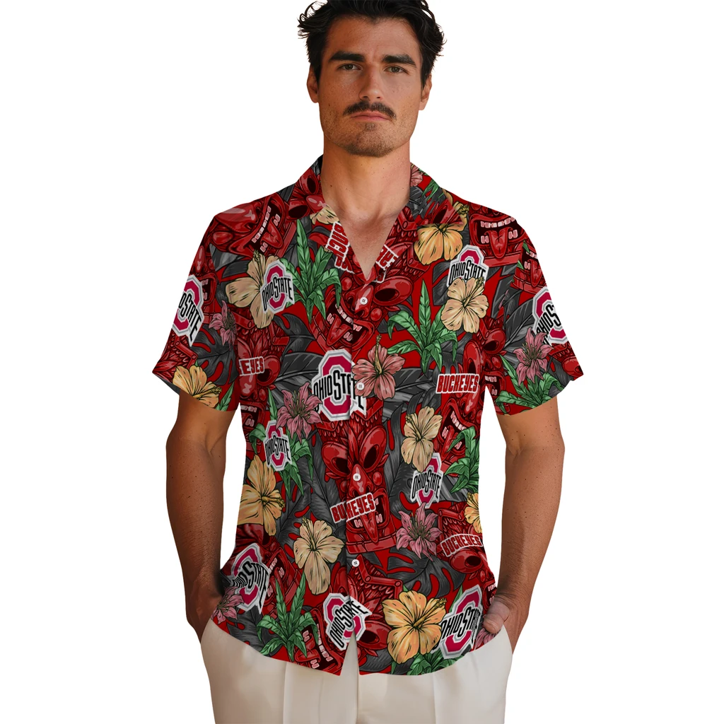 Ohio State Buckeyes Hawaiian Shirt - Hibiscus Tiki Jungle ohio state buckeyes tiki jungle scarlet hawaiian shirts fashion forward