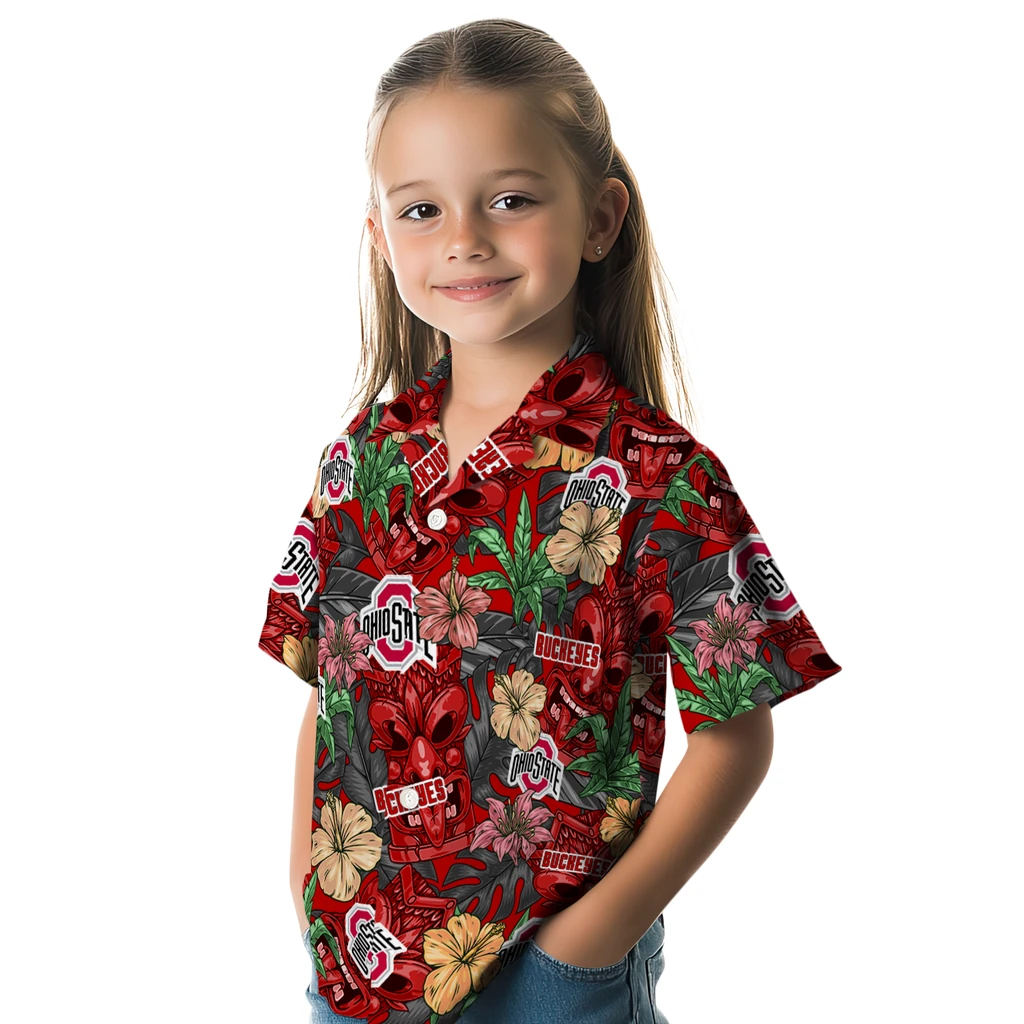 Ohio State Buckeyes Hawaiian Shirt - Hibiscus Tiki Jungle ohio state buckeyes tiki jungle scarlet hawaiian shirts premium grade