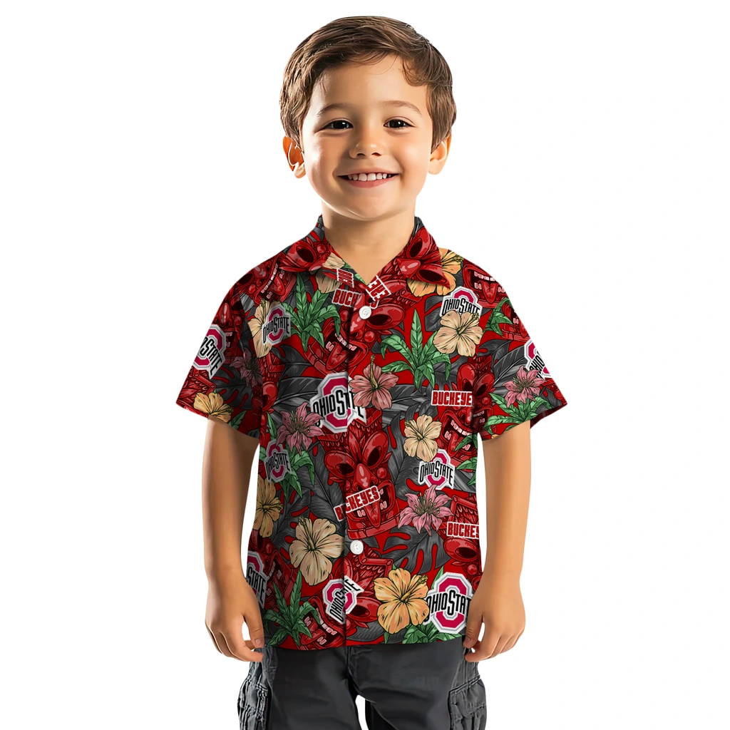 Ohio State Buckeyes Hawaiian Shirt - Hibiscus Tiki Jungle ohio state buckeyes tiki jungle scarlet hawaiian shirts top rated