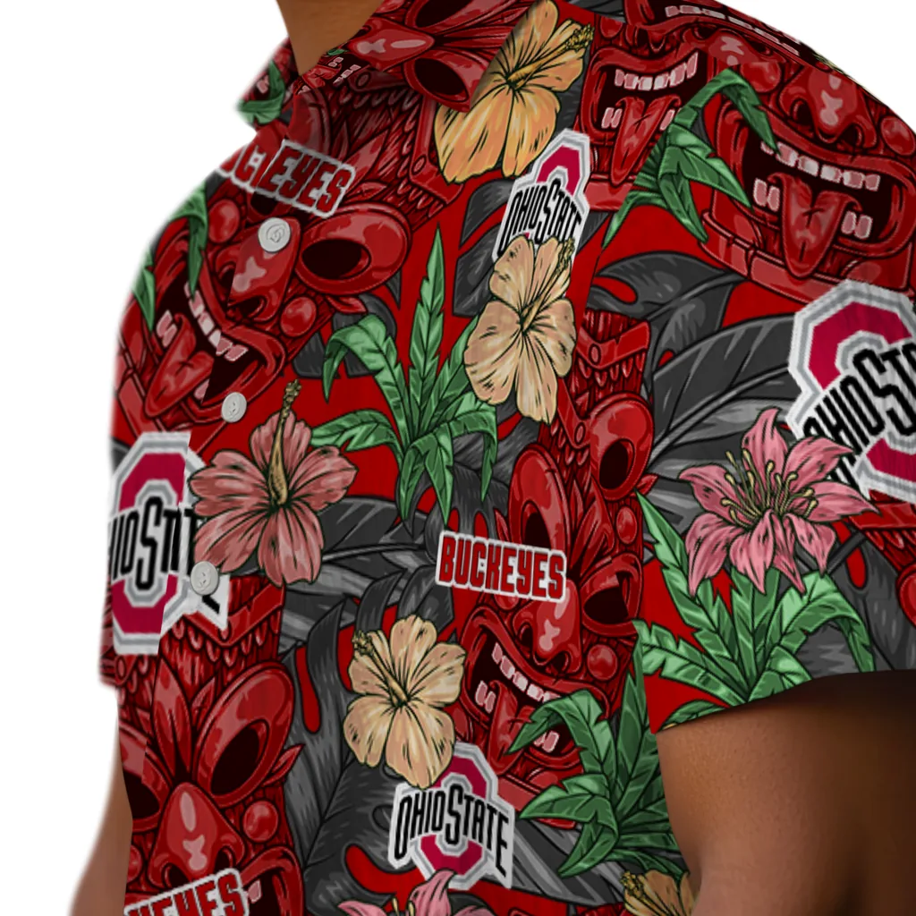 Ohio State Buckeyes Hawaiian Shirt - Hibiscus Tiki Jungle ohio state buckeyes tiki jungle scarlet hawaiian shirts trendy