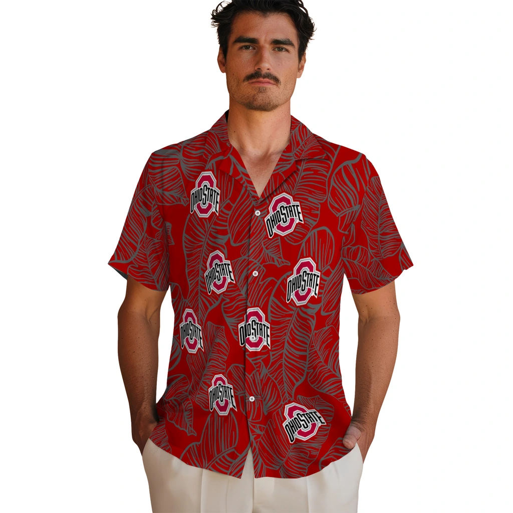 Ohio State Buckeyes Hawaiian Shirt - Leaf Outline ohio state buckeyes leaf outline scarlet hawaiian shirts fashion forward
