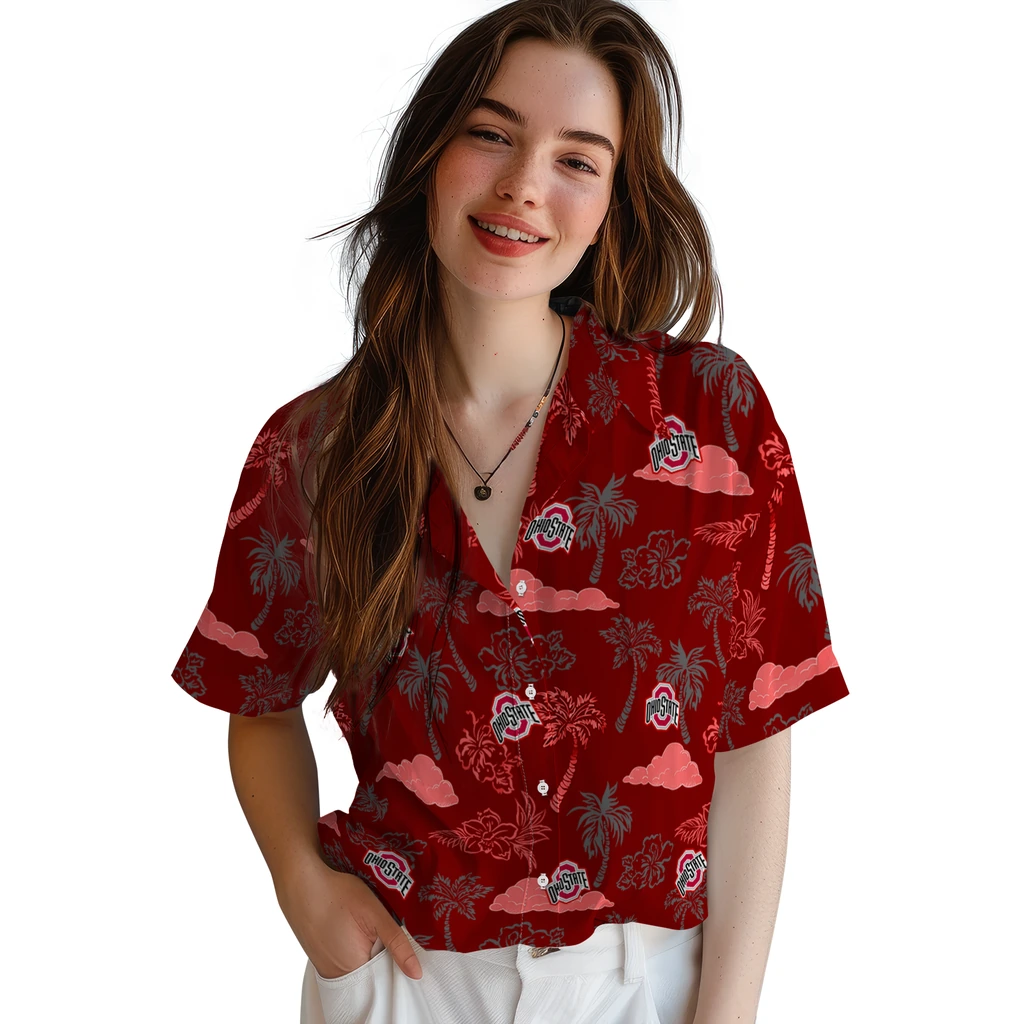 Ohio State Buckeyes Hawaiian Shirt - Palm And Clouds ohio state buckeyes palm and clouds scarlet hawaiian shirts latest model