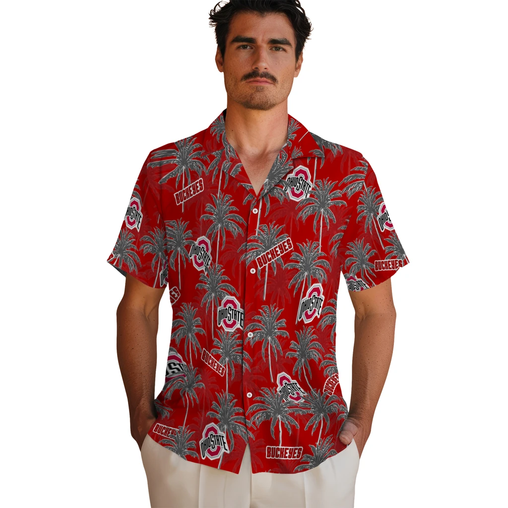 Ohio State Buckeyes Hawaiian Shirt - Palm Tree Motif ohio state buckeyes palm grove scarlet hawaiian shirts fashion forward