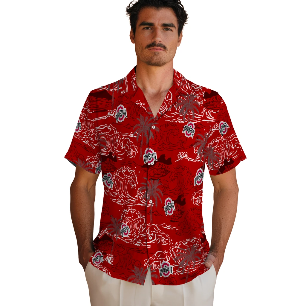 Ohio State Buckeyes Hawaiian Shirt - Wave Palm ohio state buckeyes wave palm scarlet hawaiian shirts fashion forward