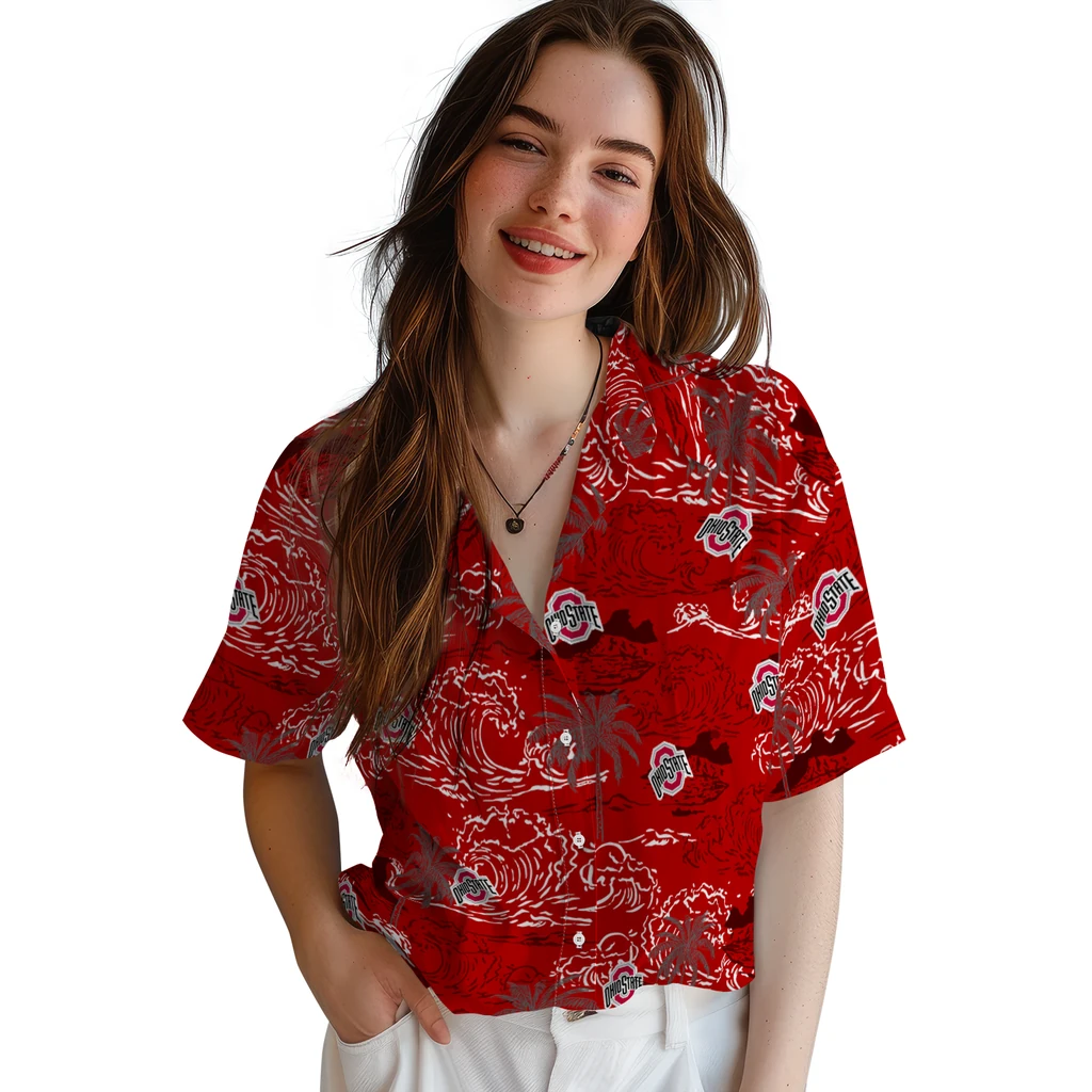 Ohio State Buckeyes Hawaiian Shirt - Wave Palm ohio state buckeyes wave palm scarlet hawaiian shirts latest model