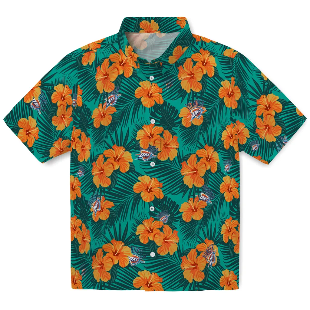 Oklahoma City Thunder Hawaiian Shirt - Hibiscus and Palm Leaves oklahoma city thunder hibiscus escape green hawaiian shirts best selling