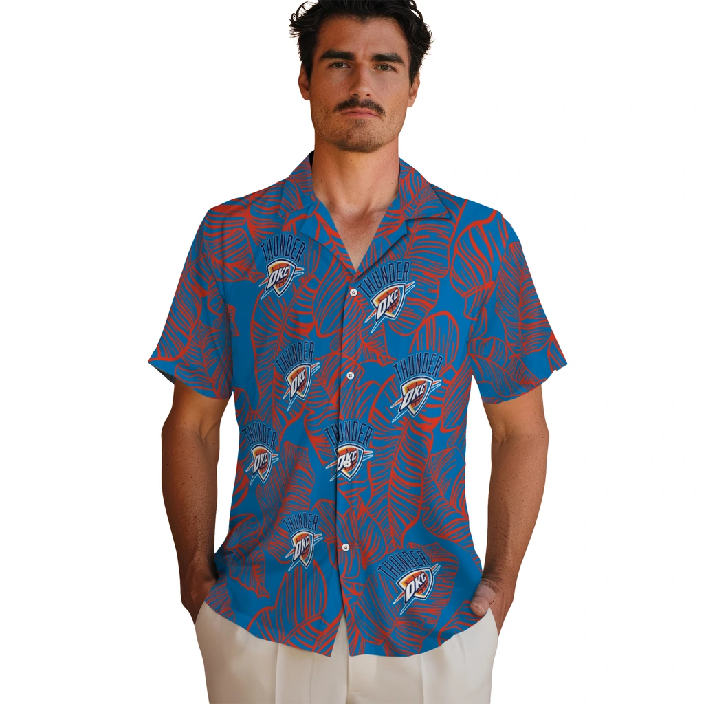 Oklahoma City Thunder Hawaiian Shirt - Leaf Outline oklahoma city thunder leaf outline blue hawaiian shirts fashion forward