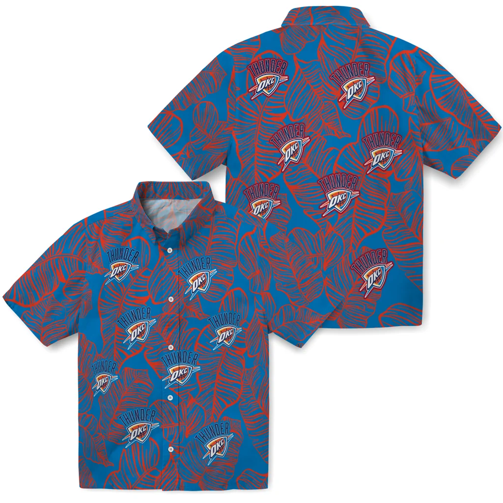 Oklahoma City Thunder Hawaiian Shirt - Leaf Outline oklahoma city thunder leaf outline blue hawaiian shirts high quality