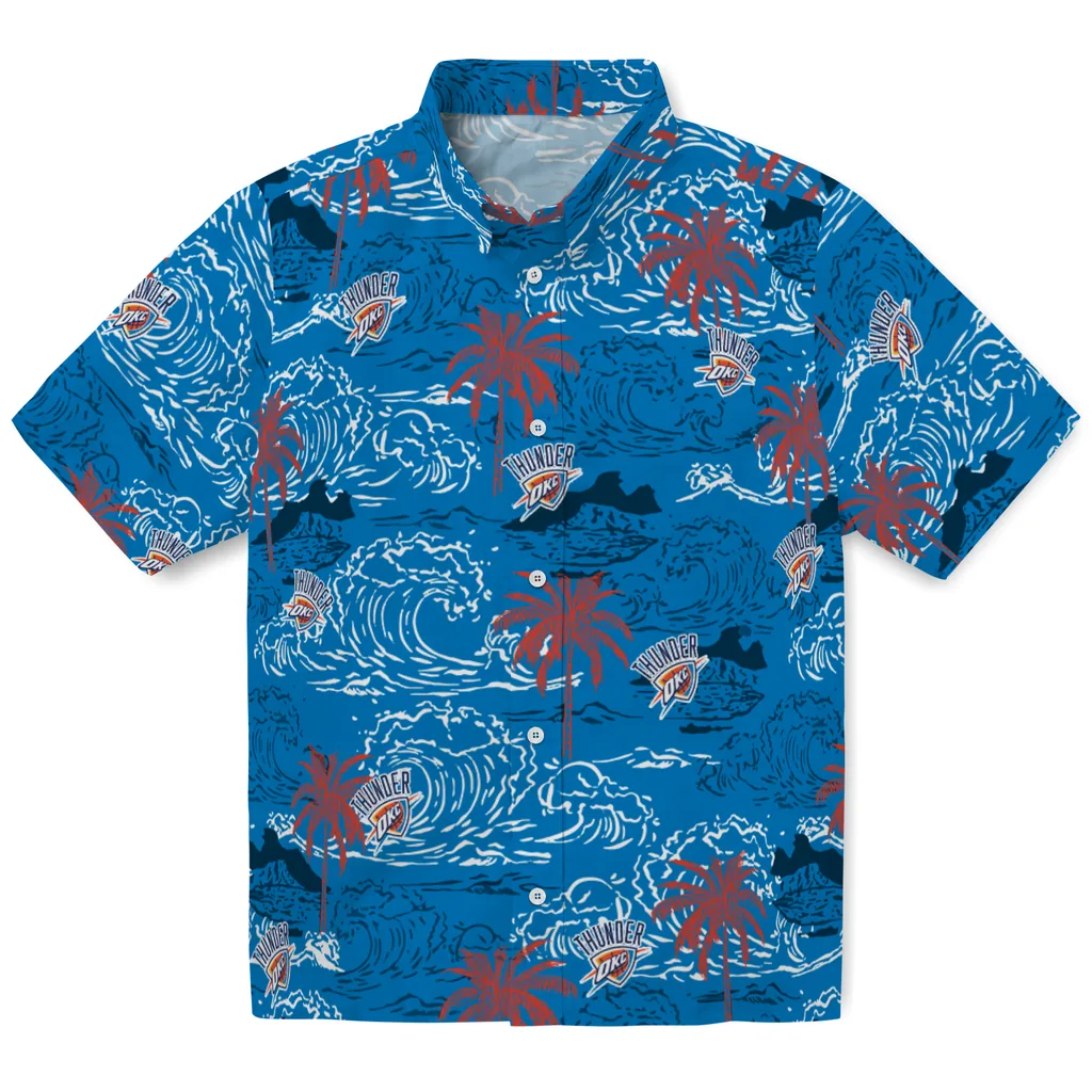 Oklahoma City Thunder Hawaiian Shirt - Wave Palm oklahoma city thunder wave palm blue hawaiian shirts best selling