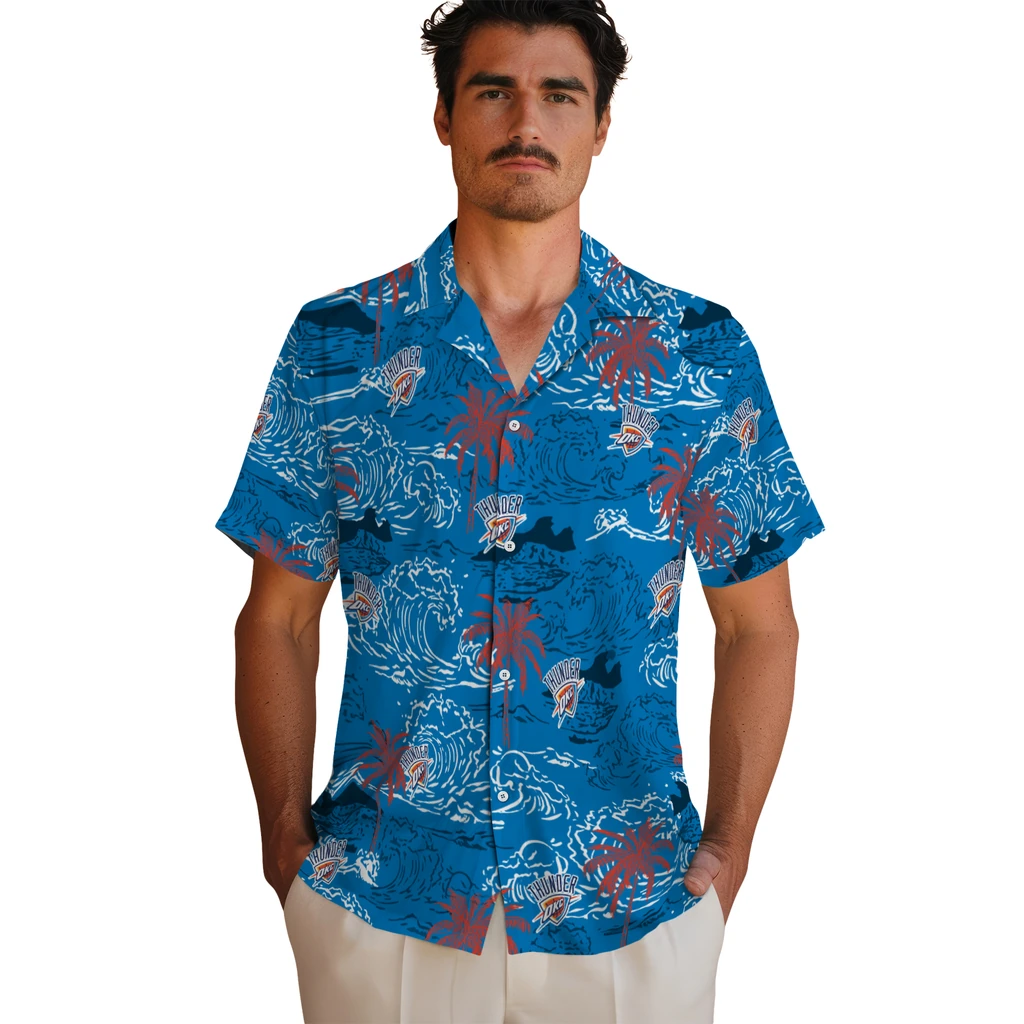 Oklahoma City Thunder Hawaiian Shirt - Wave Palm oklahoma city thunder wave palm blue hawaiian shirts fashion forward