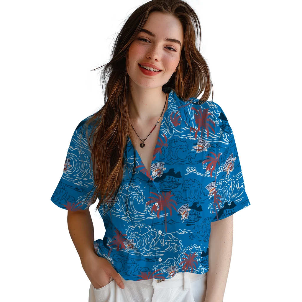 Oklahoma City Thunder Hawaiian Shirt - Wave Palm oklahoma city thunder wave palm blue hawaiian shirts latest model