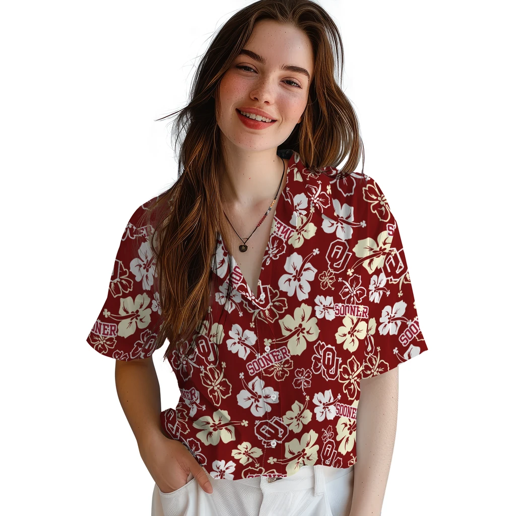 Oklahoma Sooners Hawaiian Shirt - Hibiscus Flower Design oklahoma sooners hibiscus bloom crimson hawaiian shirts latest model
