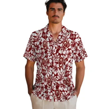 oklahoma sooners hibiscus motif crimson white hawaiian shirts fashion forward