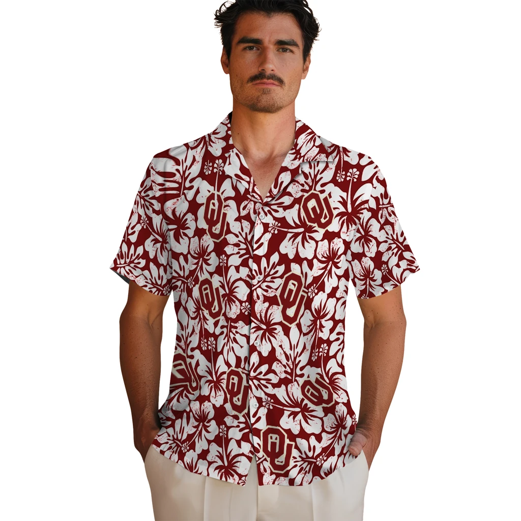 Oklahoma Sooners Hawaiian Shirt - Hibiscus Motif oklahoma sooners hibiscus motif crimson white hawaiian shirts fashion forward