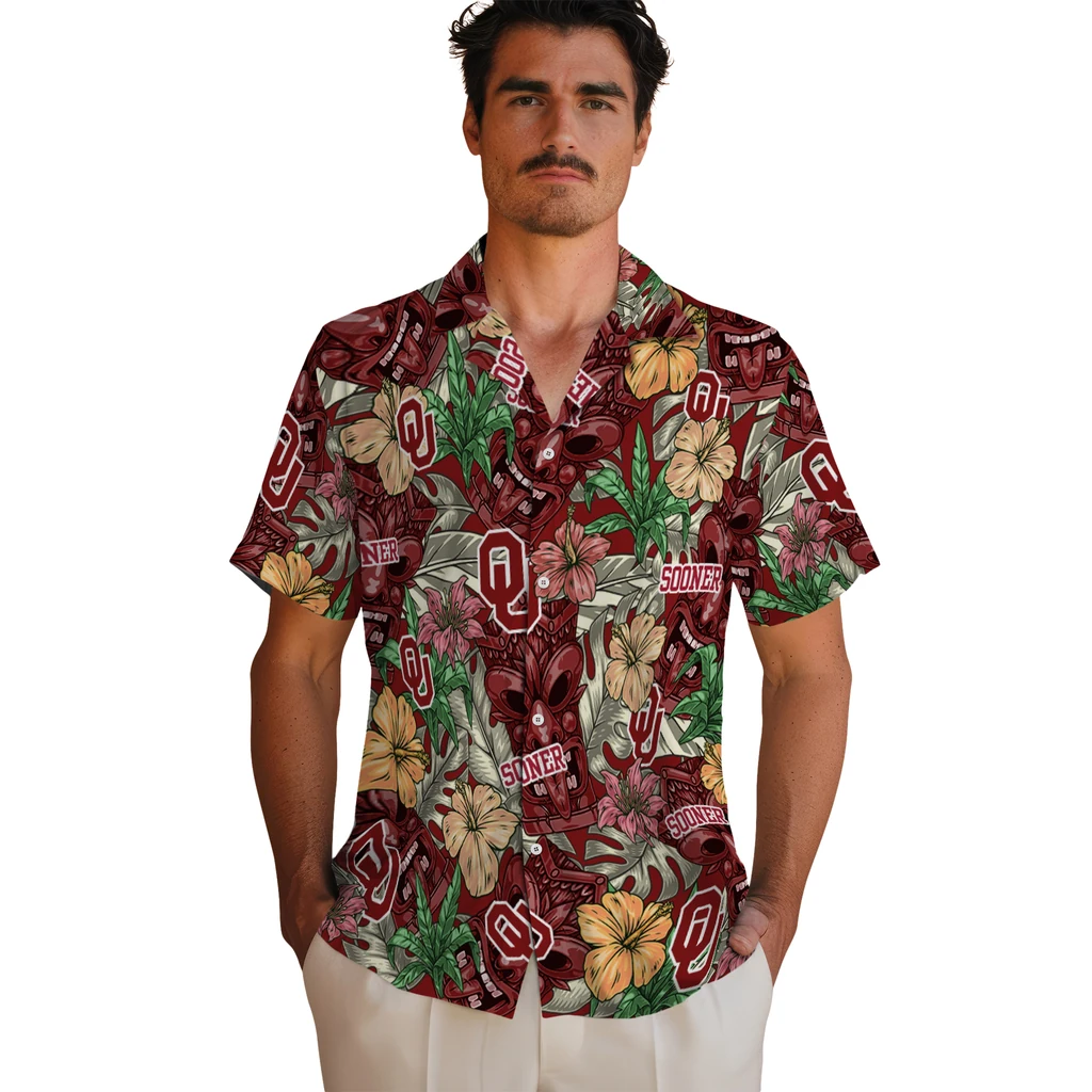 Oklahoma Sooners Hawaiian Shirt - Hibiscus Tiki Jungle oklahoma sooners tiki jungle crimson hawaiian shirts fashion forward