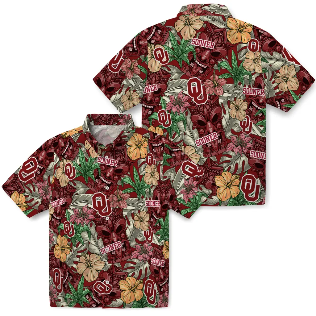 Oklahoma Sooners Hawaiian Shirt - Hibiscus Tiki Jungle oklahoma sooners tiki jungle crimson hawaiian shirts high quality