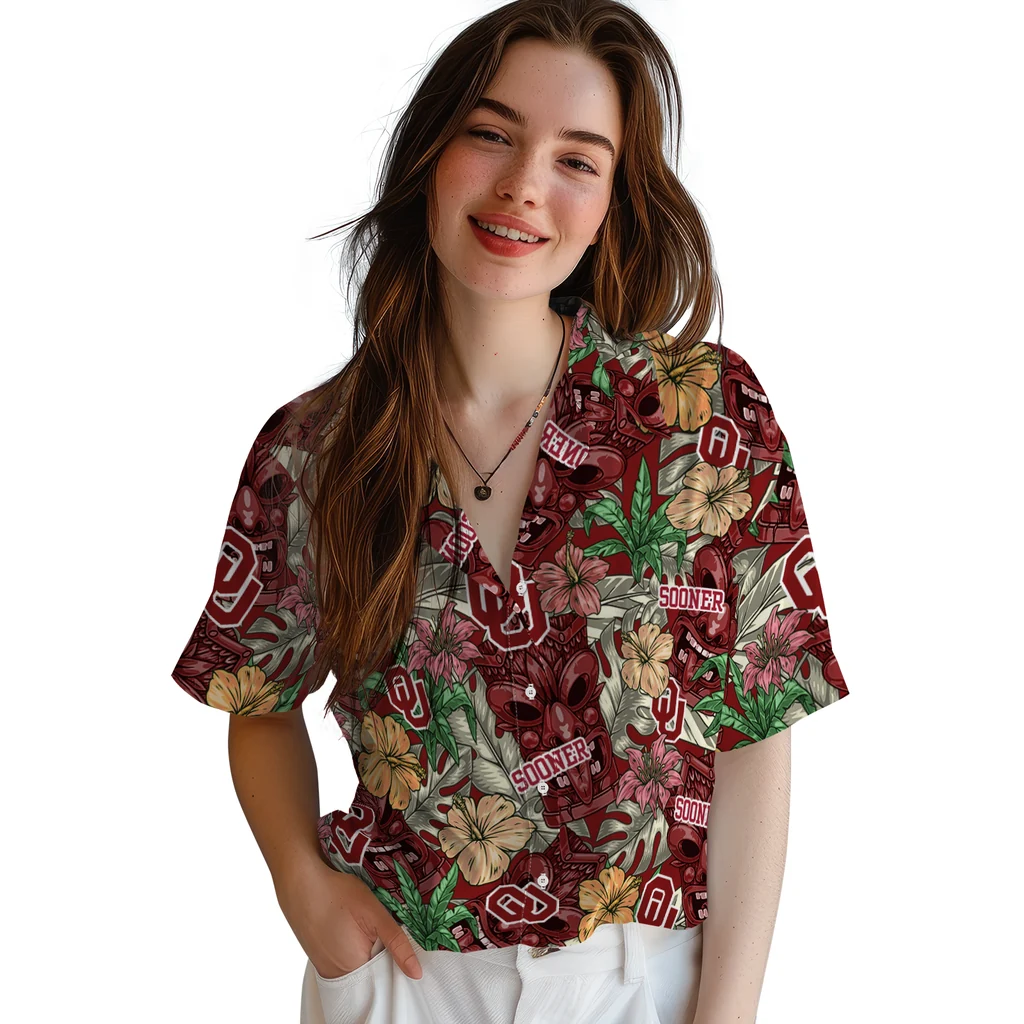 Oklahoma Sooners Hawaiian Shirt - Hibiscus Tiki Jungle oklahoma sooners tiki jungle crimson hawaiian shirts latest model