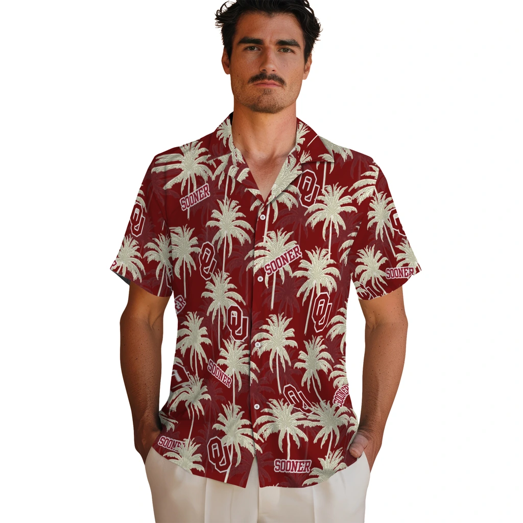 Oklahoma Sooners Hawaiian Shirt - Palm Tree Motif oklahoma sooners palm grove crimson hawaiian shirts fashion forward