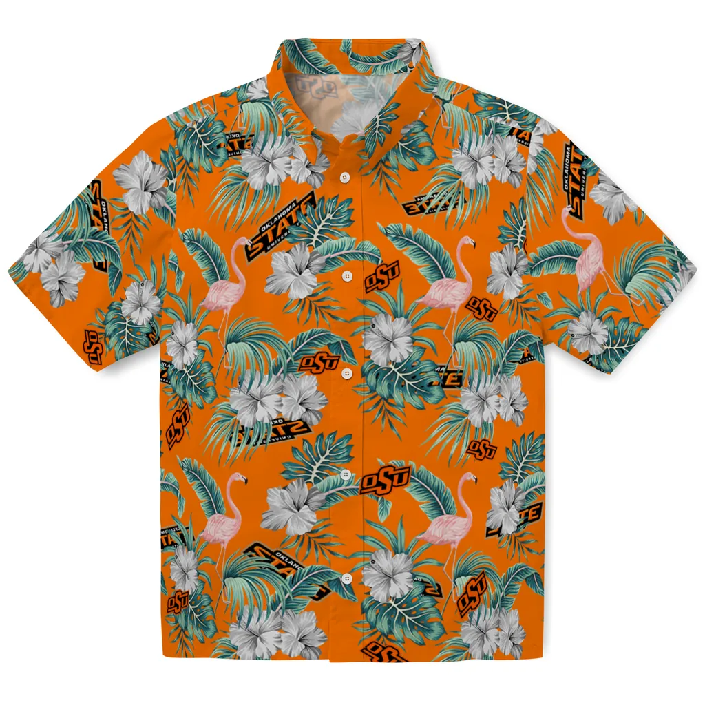 Oklahoma State Cowboys Hawaiian Shirt - Flamingo and Hibiscus oklahoma state cowboys flamingo palms orange hawaiian shirts best selling