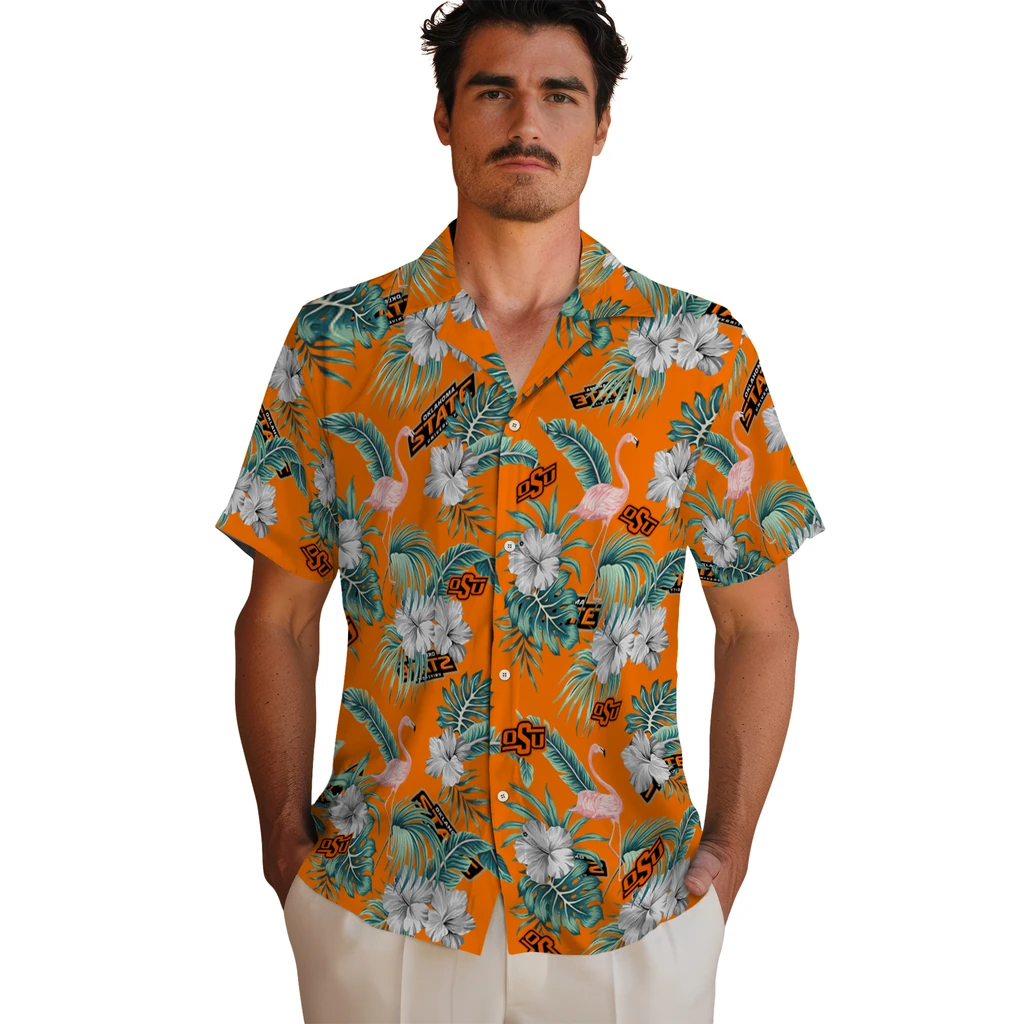 Oklahoma State Cowboys Hawaiian Shirt - Flamingo and Hibiscus oklahoma state cowboys flamingo palms orange hawaiian shirts fashion forward
