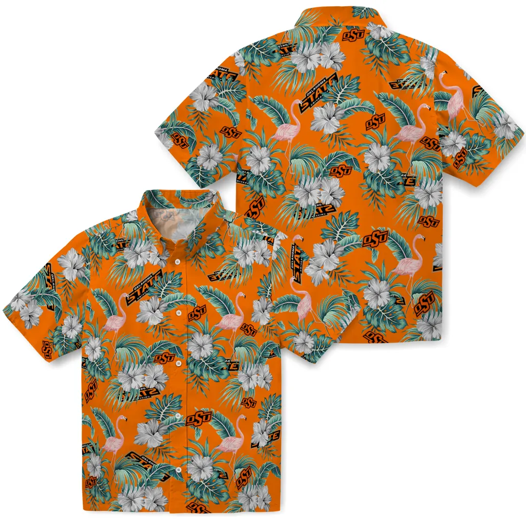 Oklahoma State Cowboys Hawaiian Shirt - Flamingo and Hibiscus oklahoma state cowboys flamingo palms orange hawaiian shirts high quality