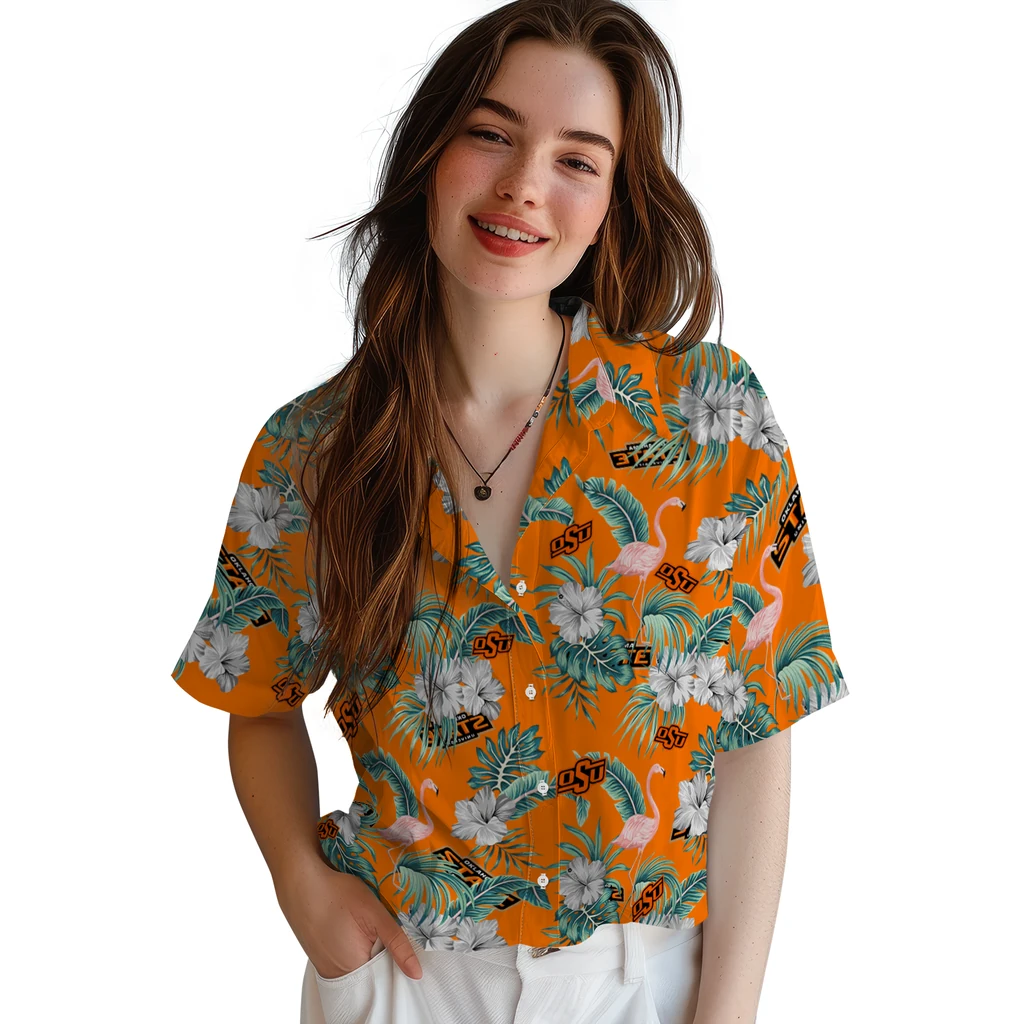Oklahoma State Cowboys Hawaiian Shirt - Flamingo and Hibiscus oklahoma state cowboys flamingo palms orange hawaiian shirts latest model