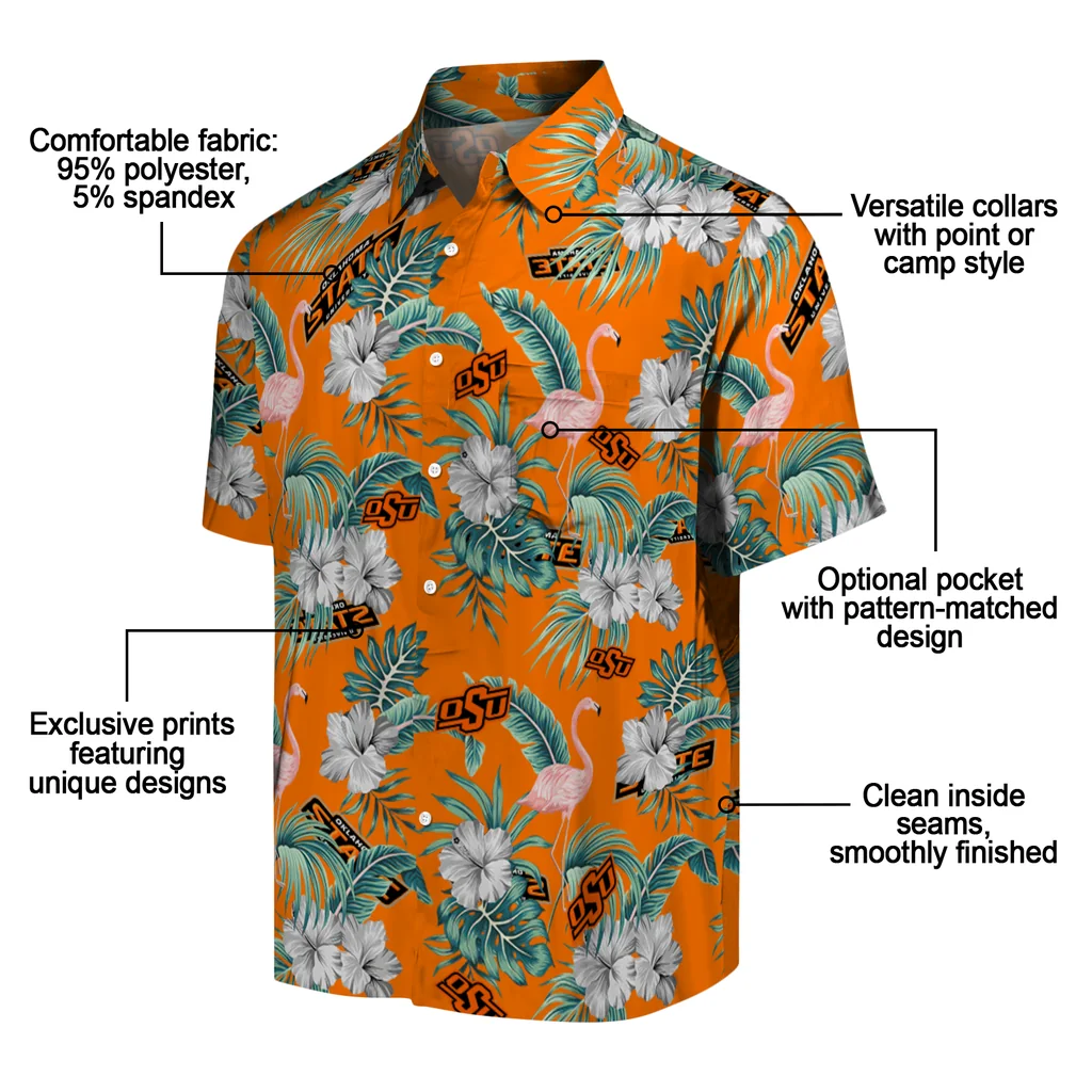 Oklahoma State Cowboys Hawaiian Shirt - Flamingo and Hibiscus oklahoma state cowboys flamingo palms orange hawaiian shirts new arrival