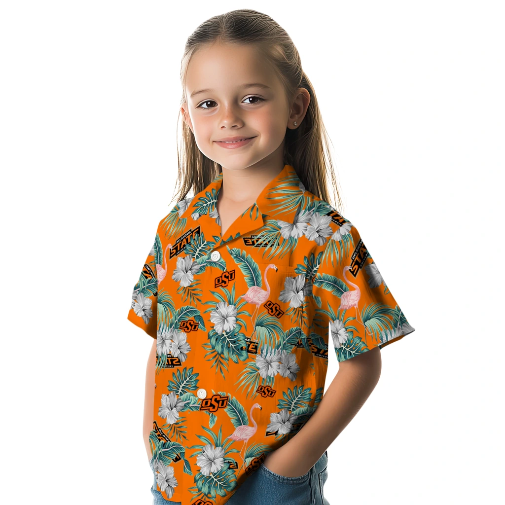 Oklahoma State Cowboys Hawaiian Shirt - Flamingo and Hibiscus oklahoma state cowboys flamingo palms orange hawaiian shirts premium grade