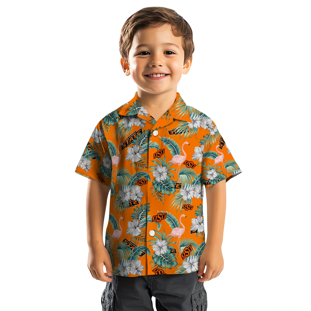 Oklahoma State Cowboys Hawaiian Shirt - Flamingo and Hibiscus oklahoma state cowboys flamingo palms orange hawaiian shirts top rated
