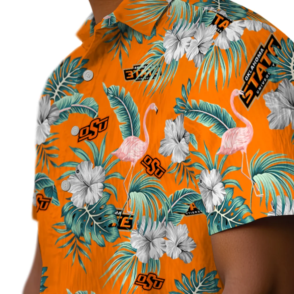 Oklahoma State Cowboys Hawaiian Shirt - Flamingo and Hibiscus oklahoma state cowboys flamingo palms orange hawaiian shirts trendy