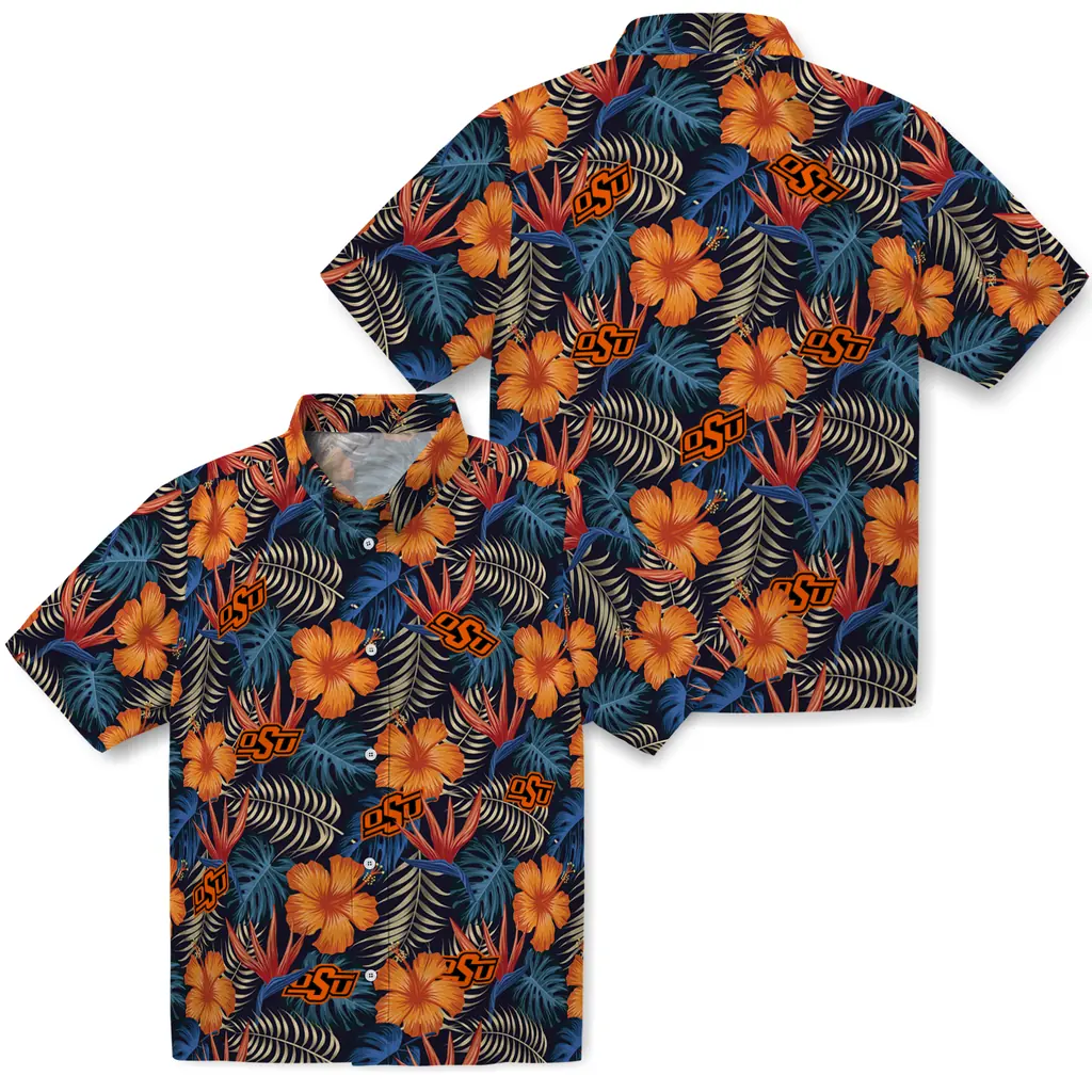 Oklahoma State Cowboys Hawaiian Shirt - Hibiscus Foliage oklahoma state cowboys hibiscus foliage hawaiian shirts high quality