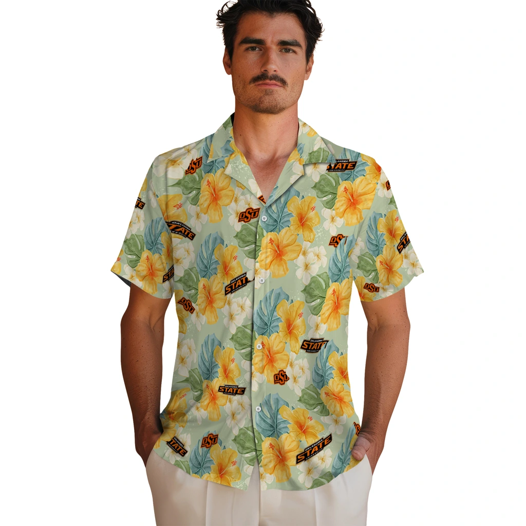 Oklahoma State Cowboys Hawaiian Shirt - Hibiscus Mood oklahoma state cowboys hibiscus mood pale lime yellow hawaiian shirts fashion forward
