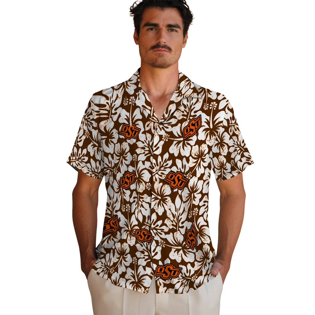 Oklahoma State Cowboys Hawaiian Shirt - Hibiscus Motif oklahoma state cowboys hibiscus motif orange white hawaiian shirts fashion forward
