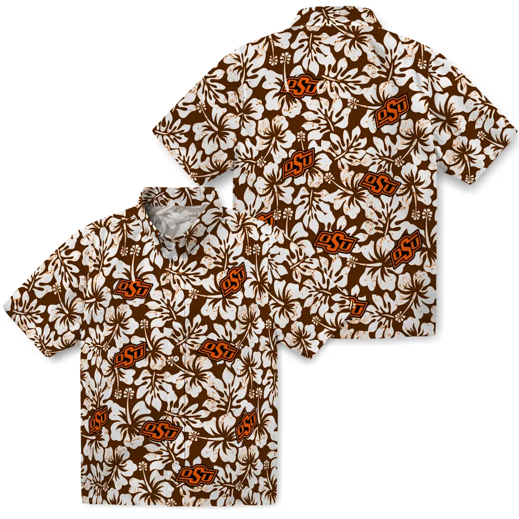 Oklahoma State Cowboys Hawaiian Shirt - Hibiscus Motif oklahoma state cowboys hibiscus motif orange white hawaiian shirts high quality
