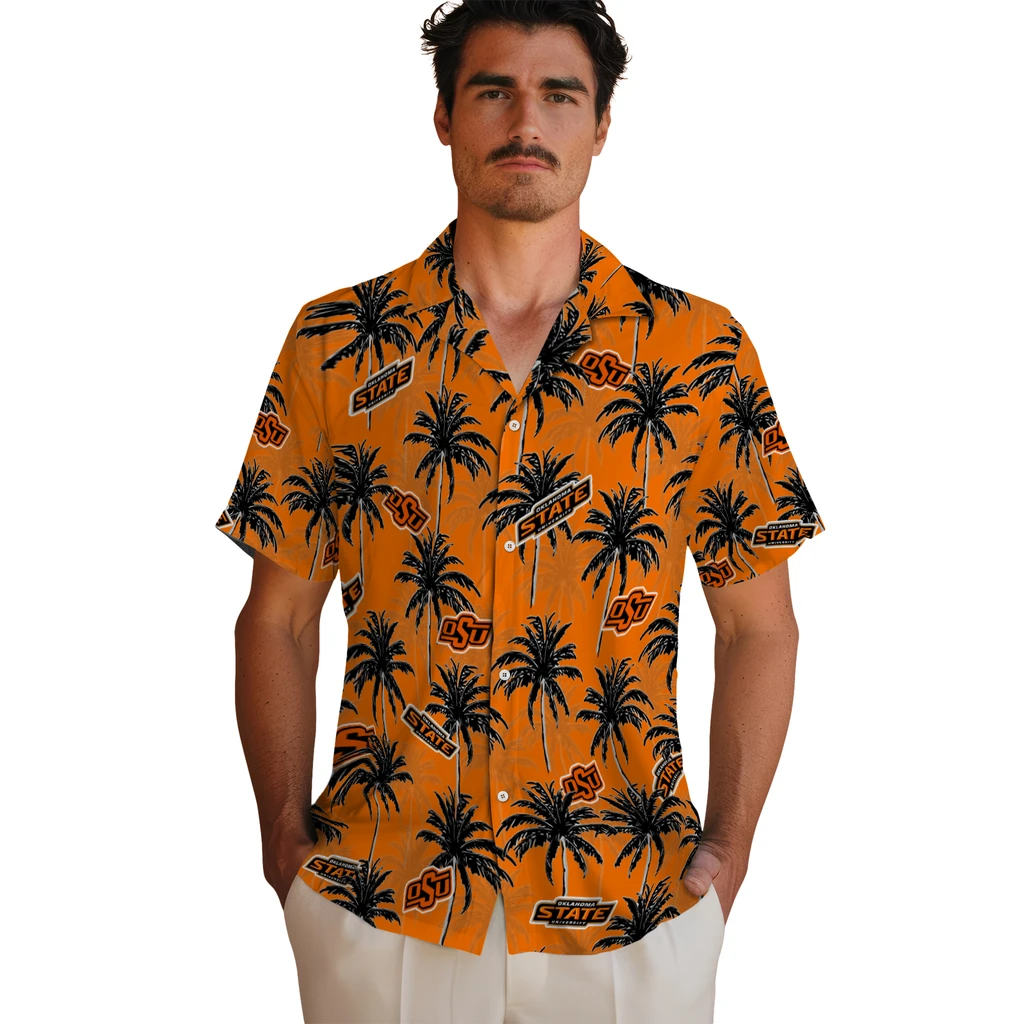 Oklahoma State Cowboys Hawaiian Shirt - Palm Tree Motif oklahoma state cowboys palm grove orange hawaiian shirts fashion forward