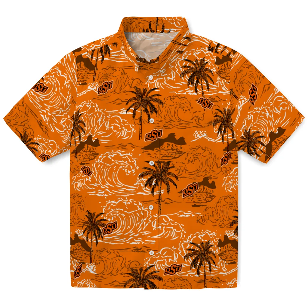 Oklahoma State Cowboys Hawaiian Shirt - Wave Palm oklahoma state cowboys wave palm orange hawaiian shirts best selling