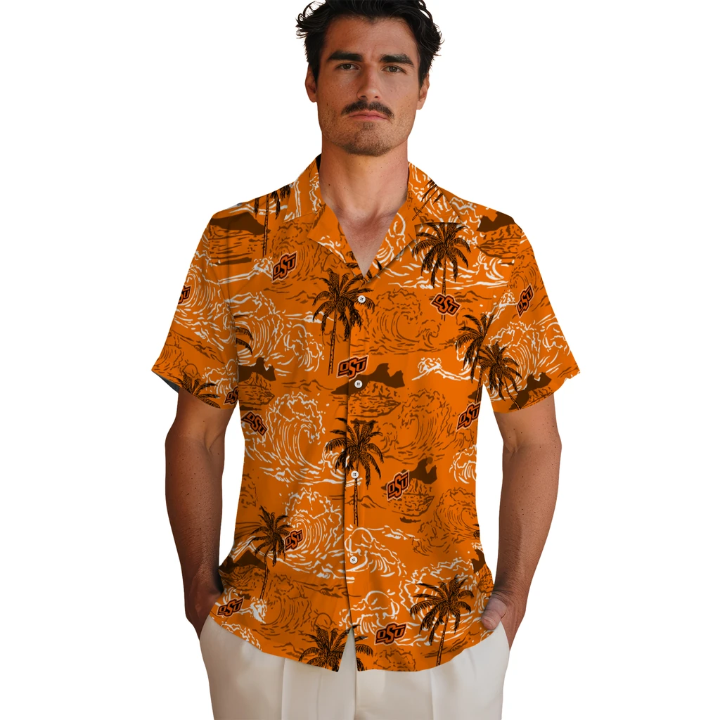 Oklahoma State Cowboys Hawaiian Shirt - Wave Palm oklahoma state cowboys wave palm orange hawaiian shirts fashion forward