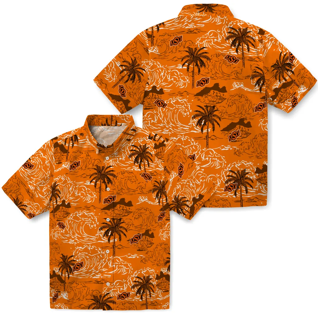 Oklahoma State Cowboys Hawaiian Shirt - Wave Palm oklahoma state cowboys wave palm orange hawaiian shirts high quality