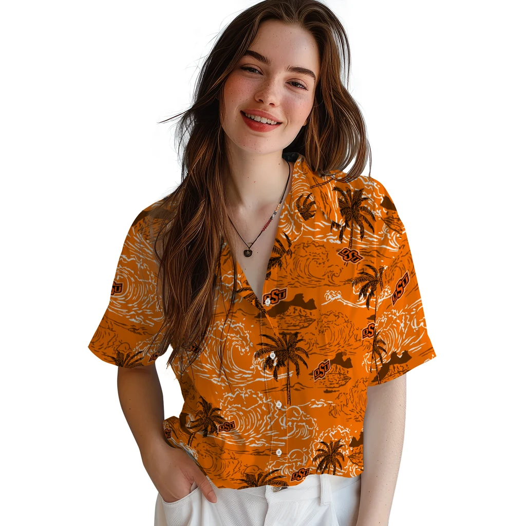 Oklahoma State Cowboys Hawaiian Shirt - Wave Palm oklahoma state cowboys wave palm orange hawaiian shirts latest model